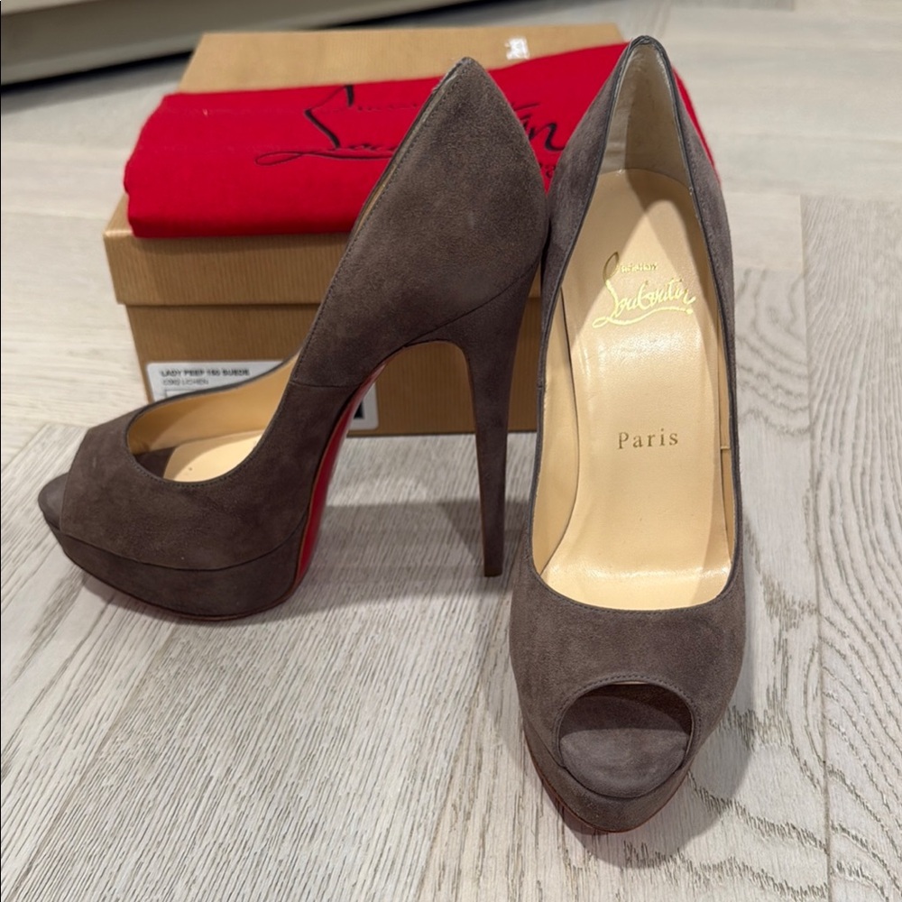 Christian Louboutin Lady Peep 150 Suede Taupe Peep Toe Heels